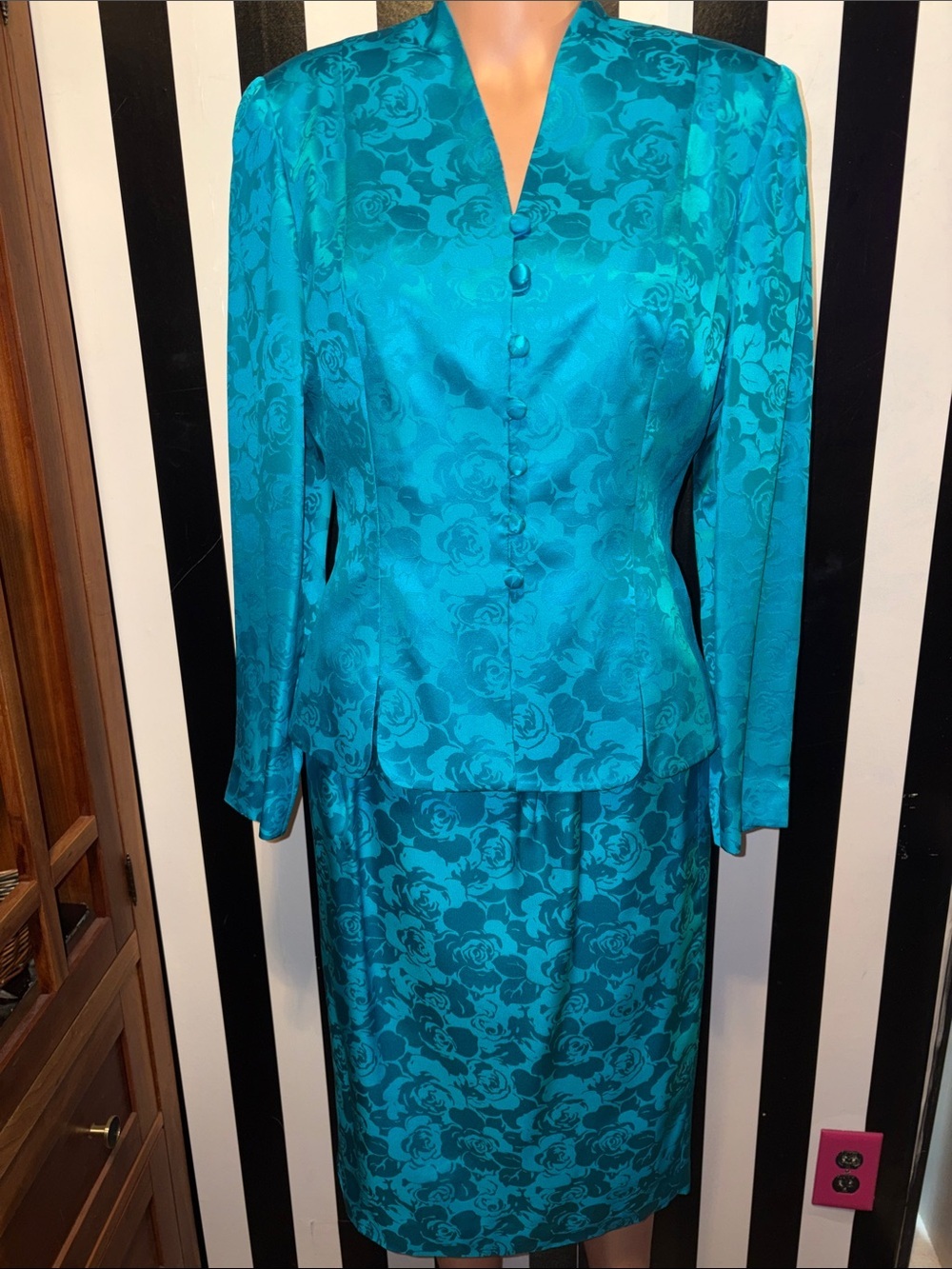 Vintage Silk Teal Floral Jacquard Pencil Skirt /Jacket Top -Women's Set Size 4/6
